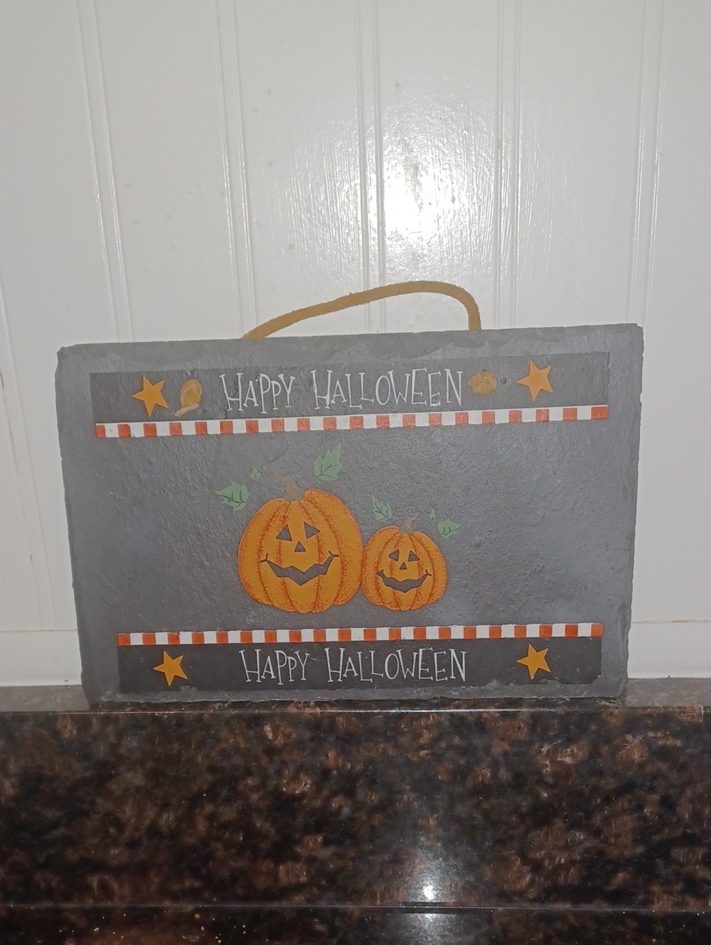 Hand Painted Vintage Halloween Slate Hanging Sign Jack O Lantern Pumpkin Decor